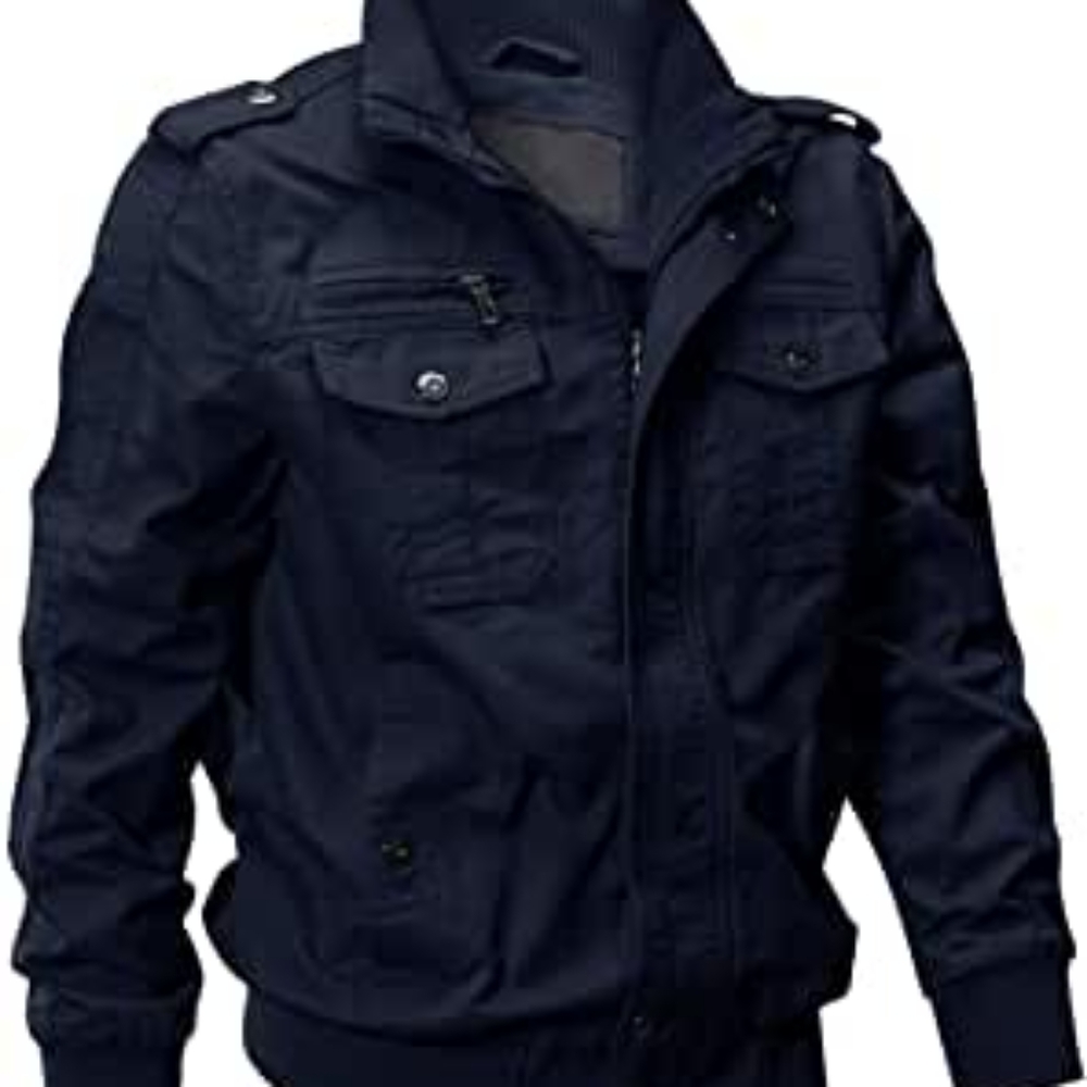 EKLENTSON Men's Cotton Lightweight Multi Pockets Zip Stand Collar Blue Medium